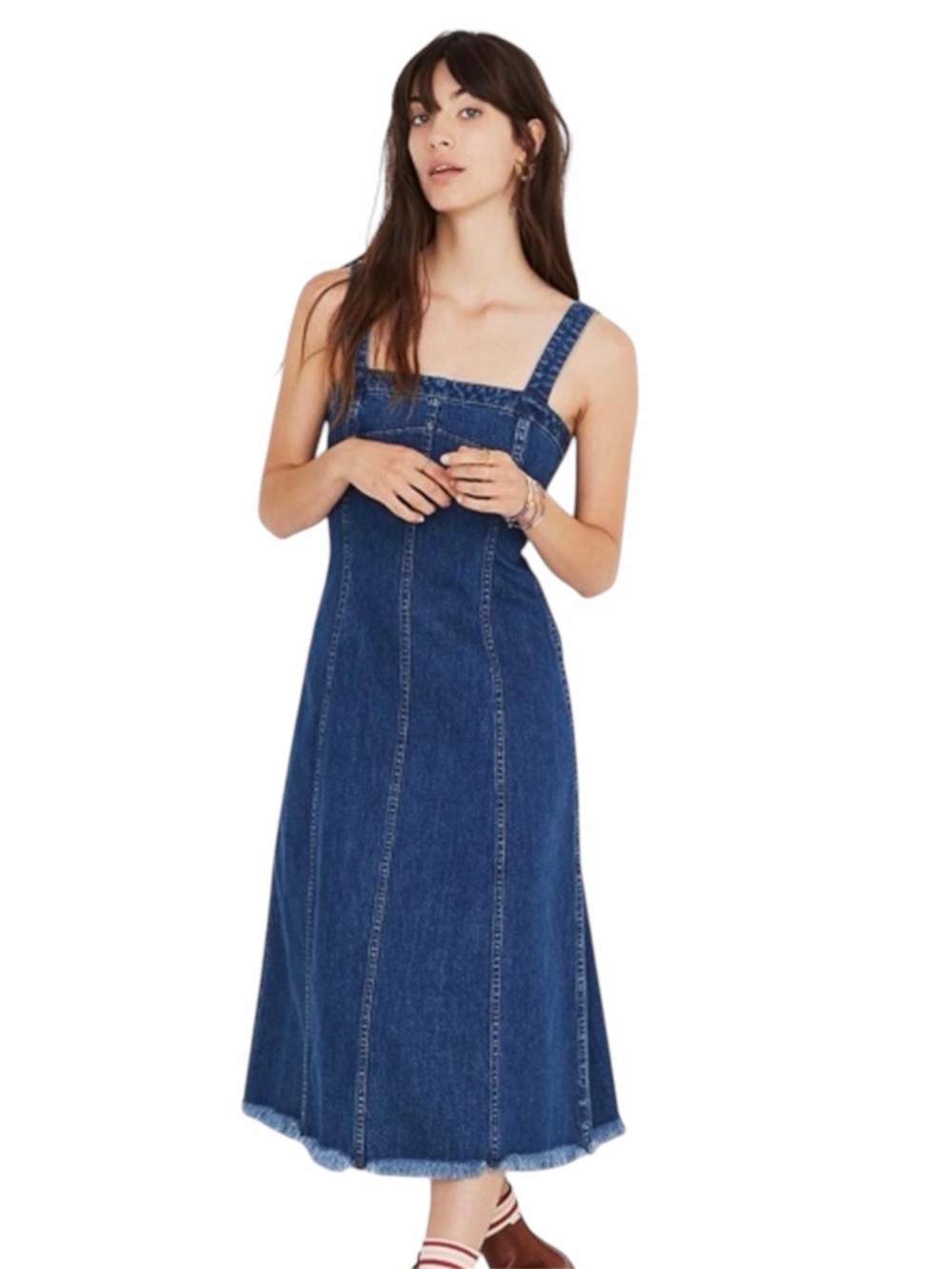 Madewell Denim Midi Dress Women Size 4 Blue Raw Hem Square‎ Neck Seamed